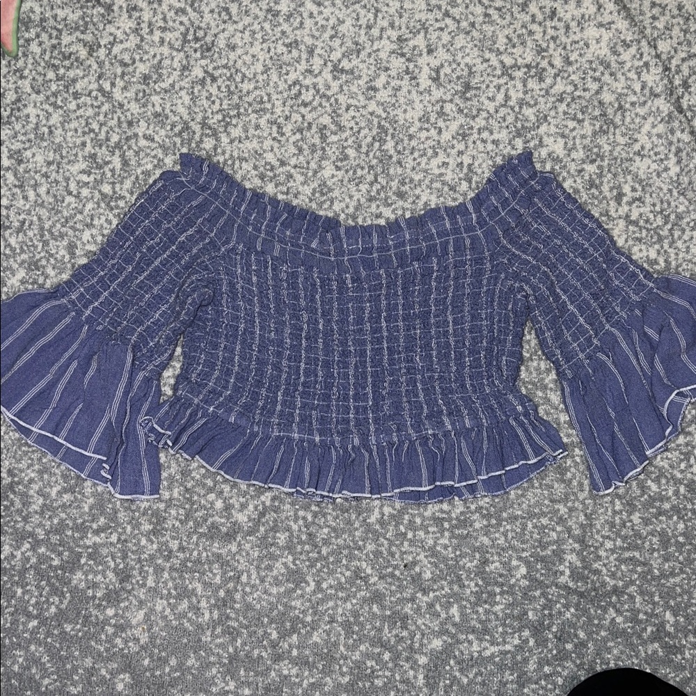 Free People Smock Around Striped Cropped Blouse Top Blue Bell Sleeves Medium